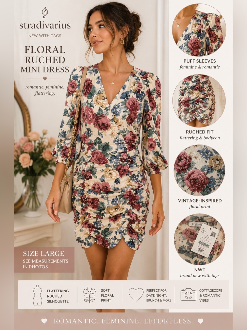 NWT Stradivarius‎ Floral Ruched Mini Dress Cottagecore Romantic Size Large